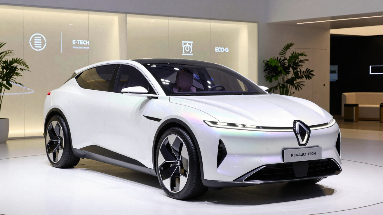 Carro elétrico branco Renault Tech exposto em ambiente moderno de exposição automóvel.