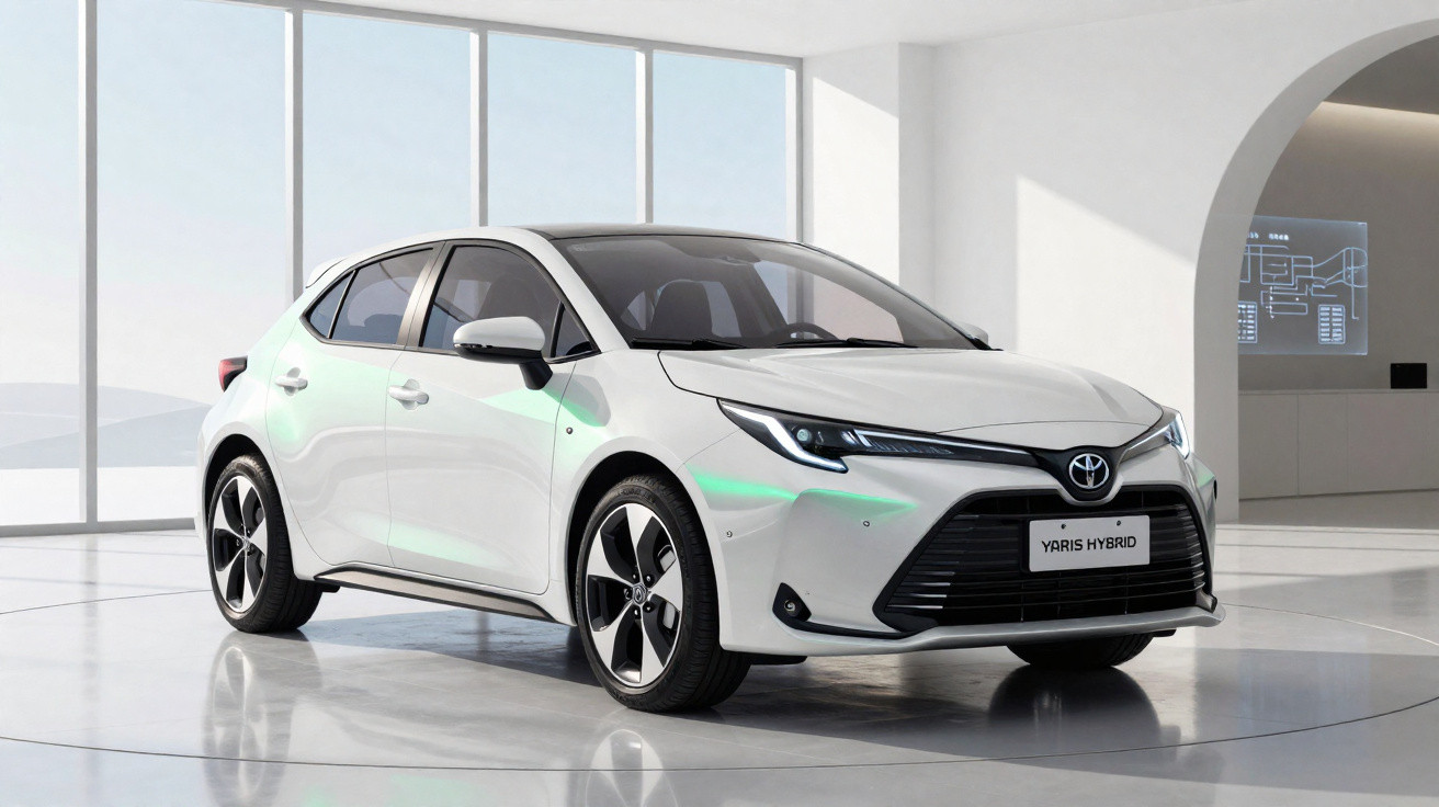 Carro branco Toyota Yaris Hybrid estacionado em ambiente interior moderno e luminoso.