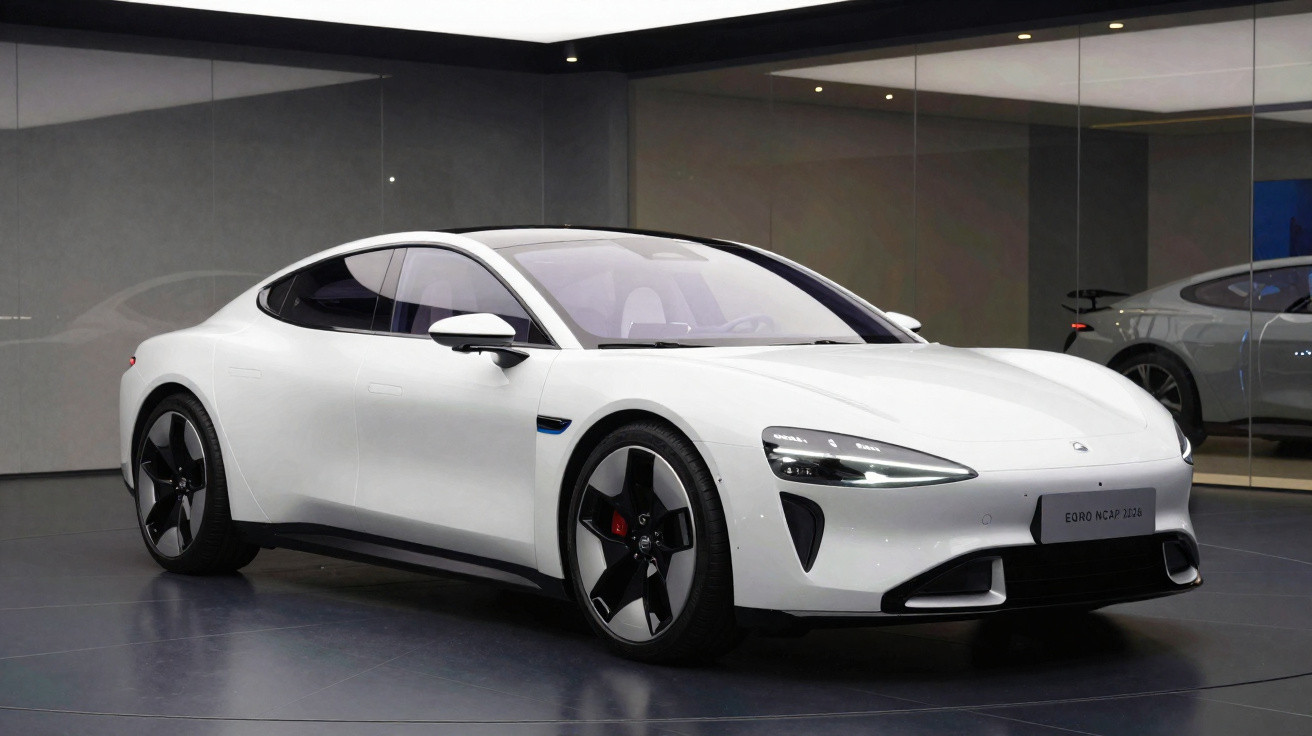 Carro elétrico branco de quatro portas num showroom moderno com paredes de vidro e chão cinza.