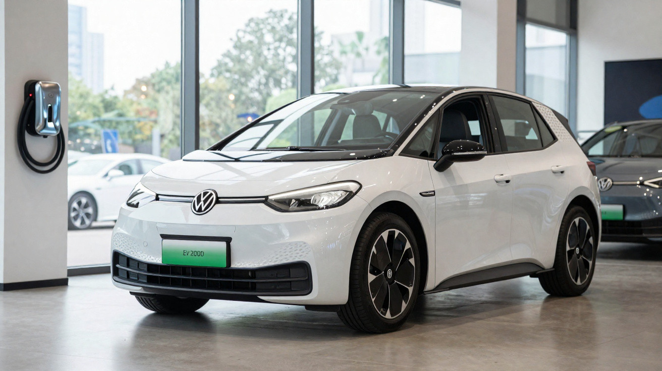 Carro elétrico branco Volkswagen EV 2000D numa loja com parede de vidro e carregador na parede.