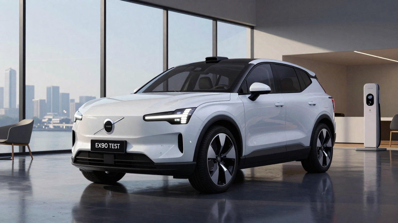Carro elétrico Volvo EX90 branco, em showroom moderno com janelas panorâmicas e vista urbana.