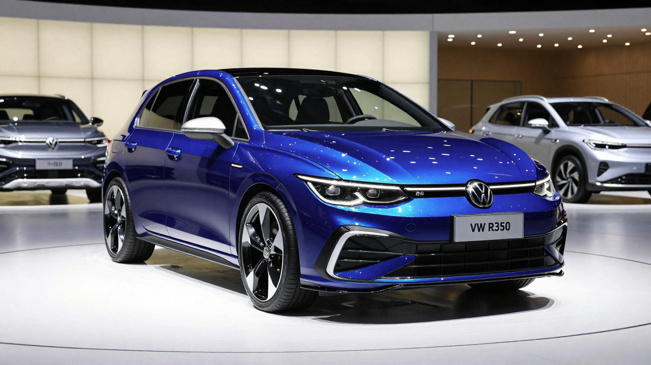 Automóvel Volkswagen R350 azul exibido num stand, com outros carros ao fundo.
