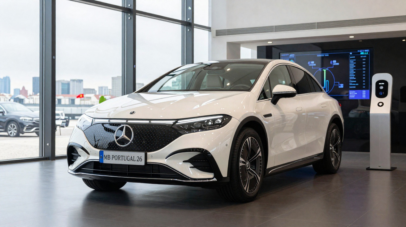 Carro elétrico Mercedes-Benz branco exposto numa concessionária com carregador elétrico ao lado.