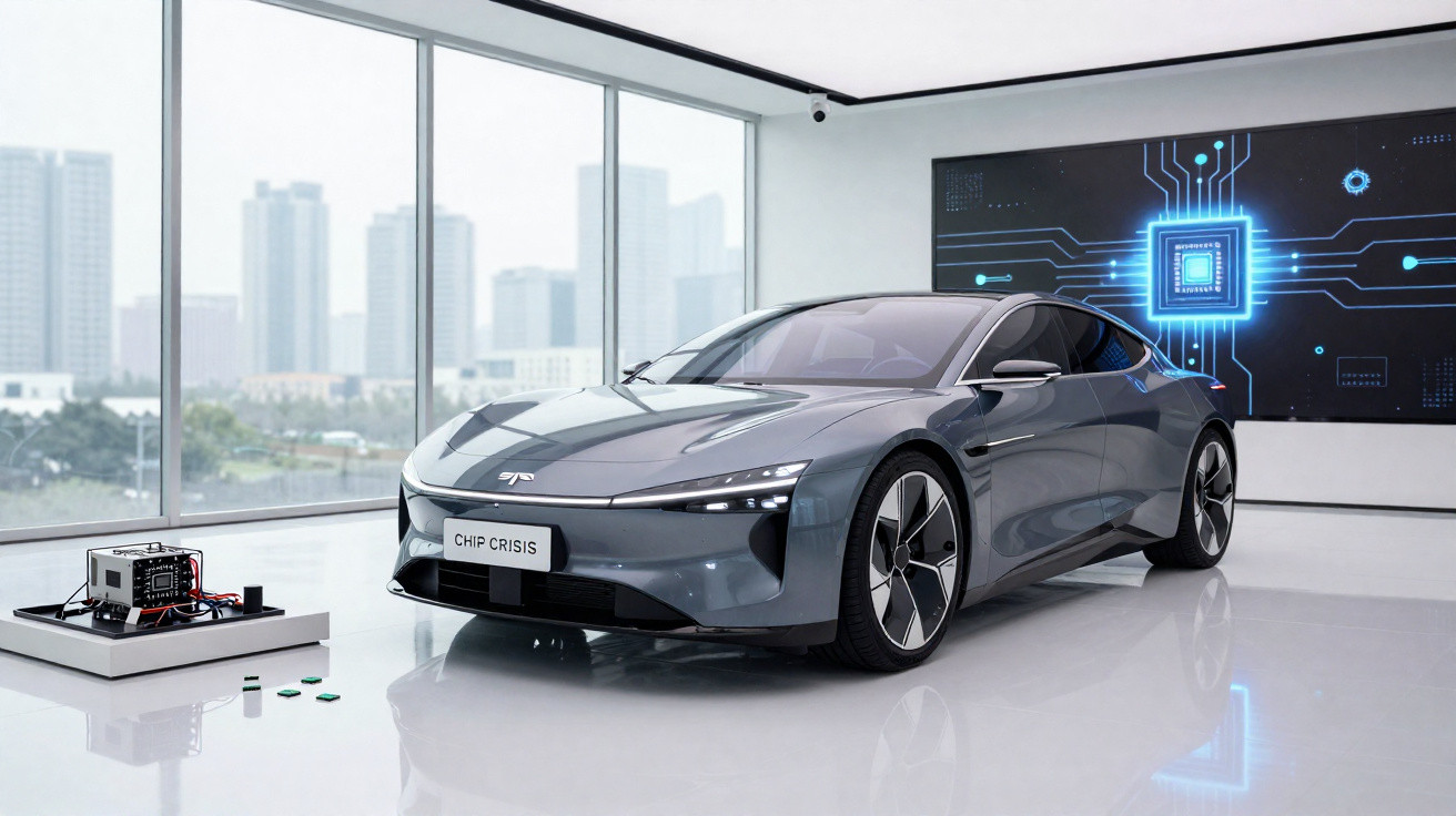 Carro elétrico cinza numa sala branca com janelas grandes e um ecrã digital na parede.