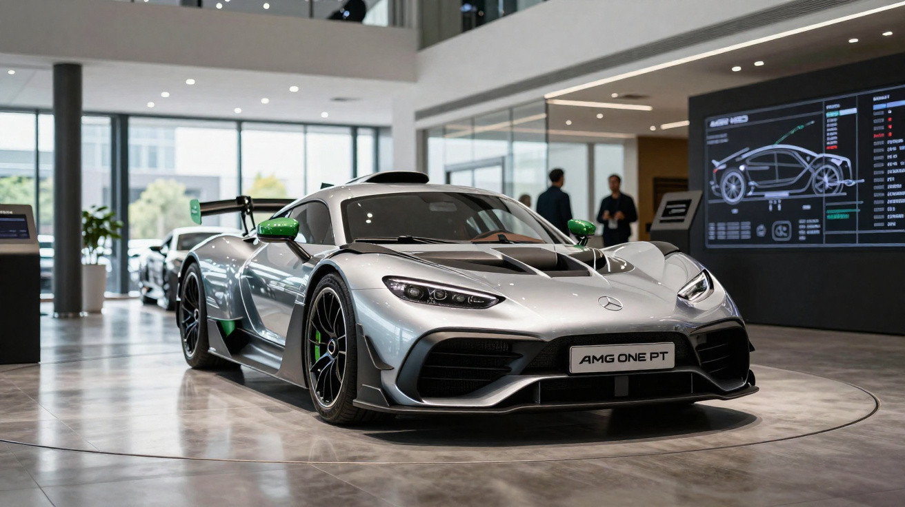 Carro desportivo Mercedes AMG One prata exposto em showroom moderno com informações técnicas ao fundo.