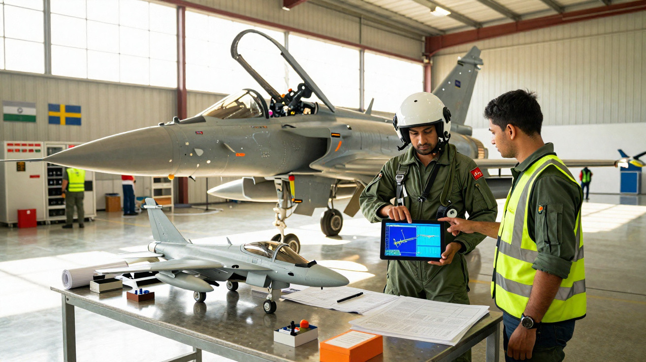 Dois homens em uniforme junto a um caça num hangar, analisando dados num tablet com modelo de avião na mesa.