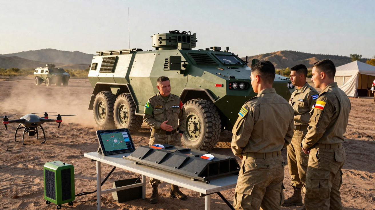 Soldados em uniforme militar junto a veículo blindado e equipamento tecnológico num terreno árido.