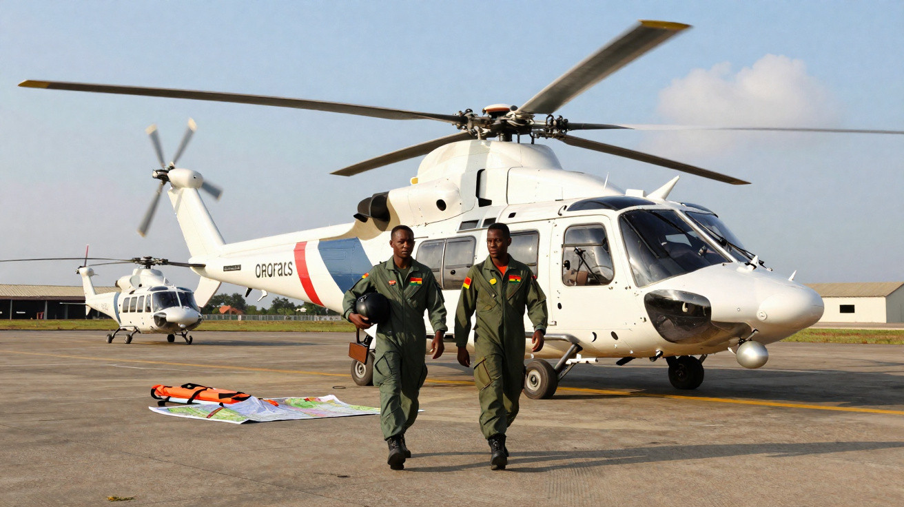 Dois pilotos de helicóptero a caminhar no pátio de um aeroporto com dois helicópteros brancos estacionados.