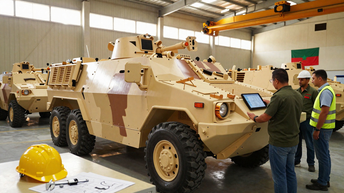 Veículos blindados militares cor areia em oficina, com três homens a inspecionar equipamento digital.
