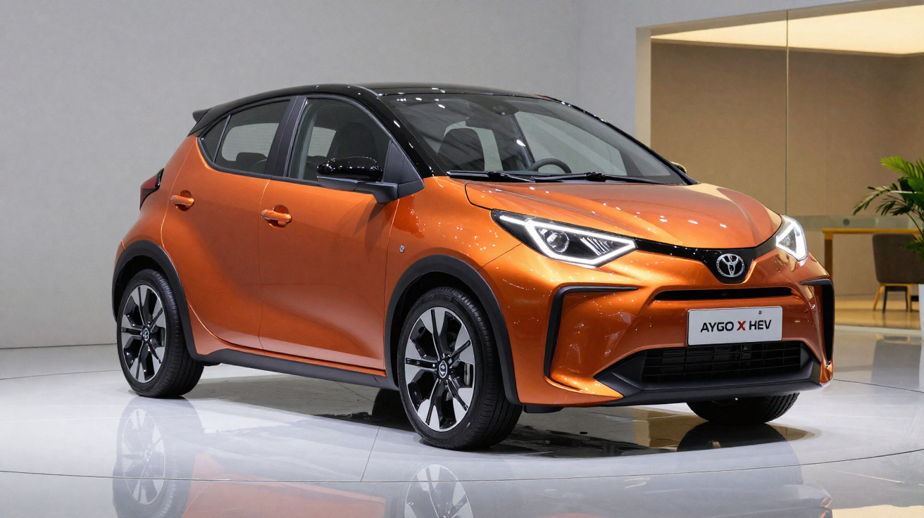 Carro Toyota Aygo X HEV laranja com tejadilho preto em exposição interior moderna.