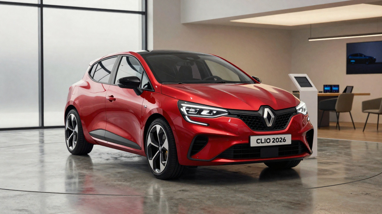 Automóvel Renault Clio 2026 vermelho exposto num showroom moderno com chão de cimento polido.
