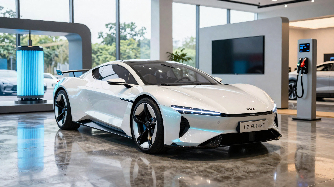 Carro desportivo elétrico branco estacionado numa sala moderna com vidro e posto de carregamento.