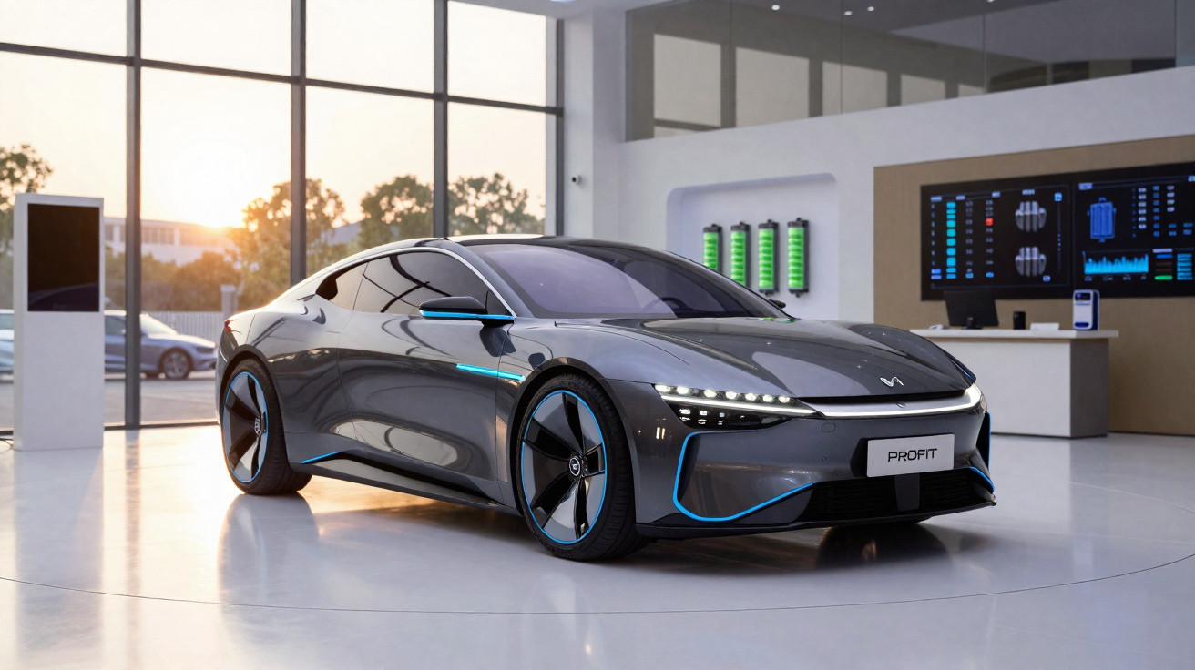 Carro elétrico cinza com linhas azuis exposto num showroom moderno com janelas grandes ao fundo.