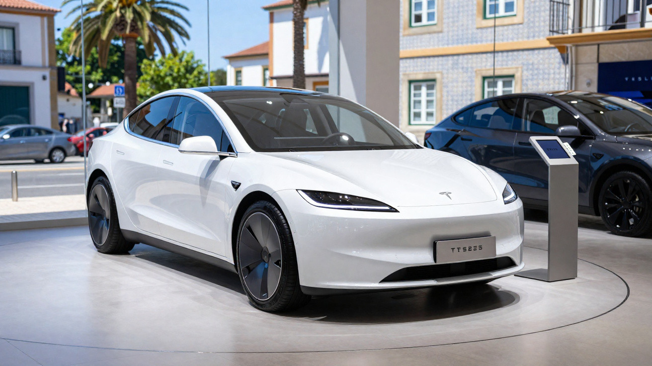 Carro elétrico Tesla branco exibido em showroom moderno com janelas e edifícios ao fundo.