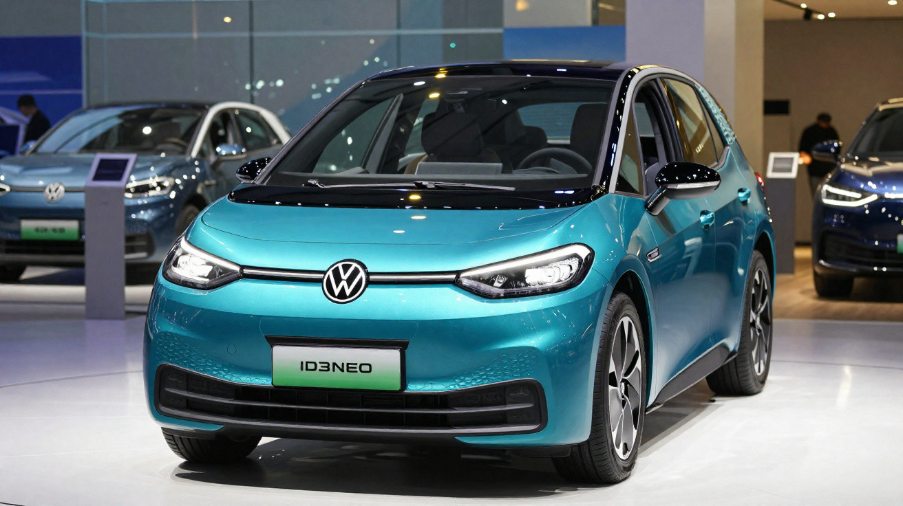 Volkswagen ID.3 Neo elétrico azul exposto em salão automóvel com fundo de outros carros.
