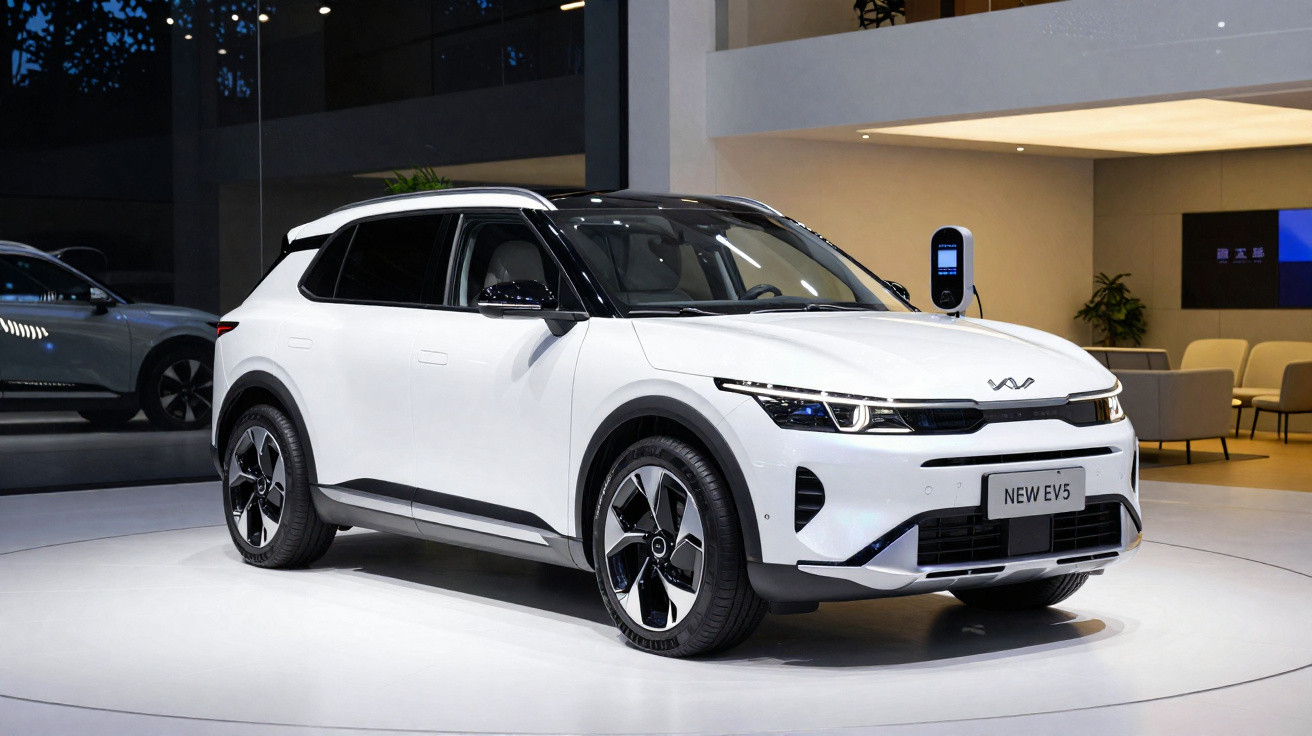 SUV elétrico branco Kia New EV5 exposto em ambiente moderno e iluminado.