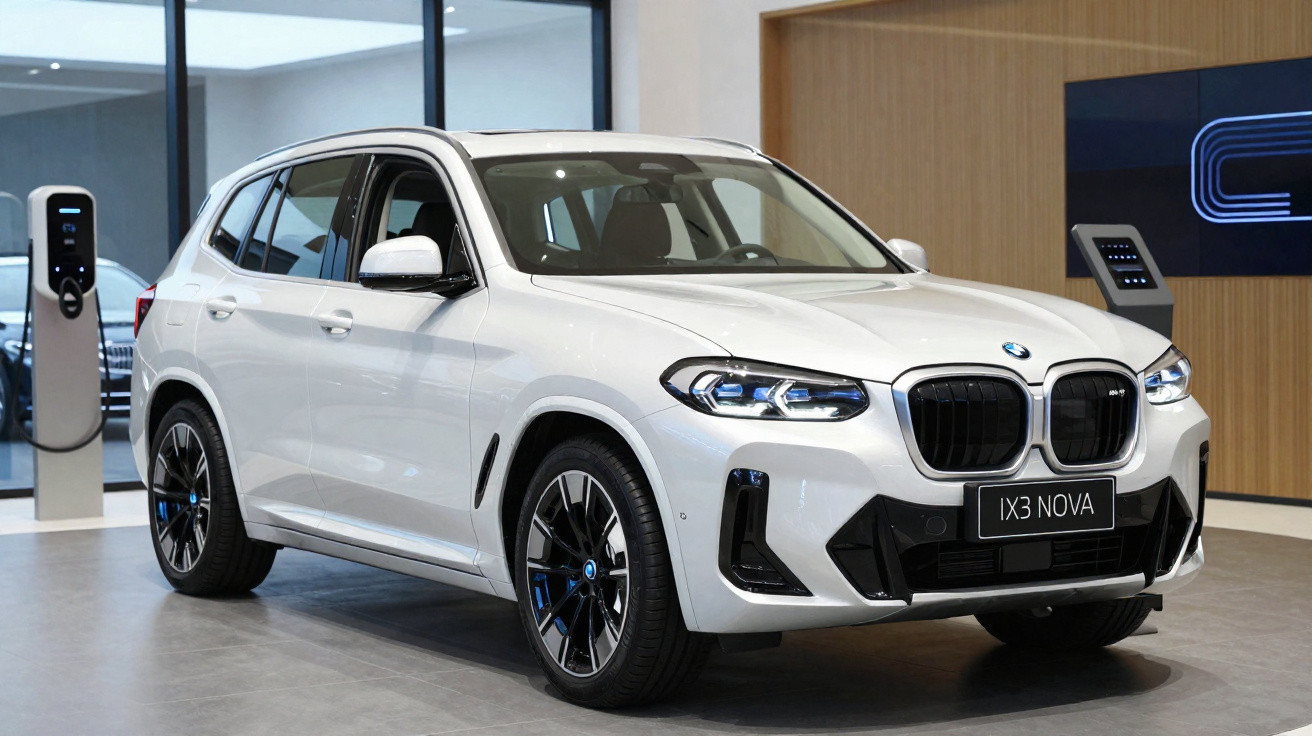 Carro elétrico BMW iX3 branco estacionado em showroom moderno com posto de carregamento ao fundo.
