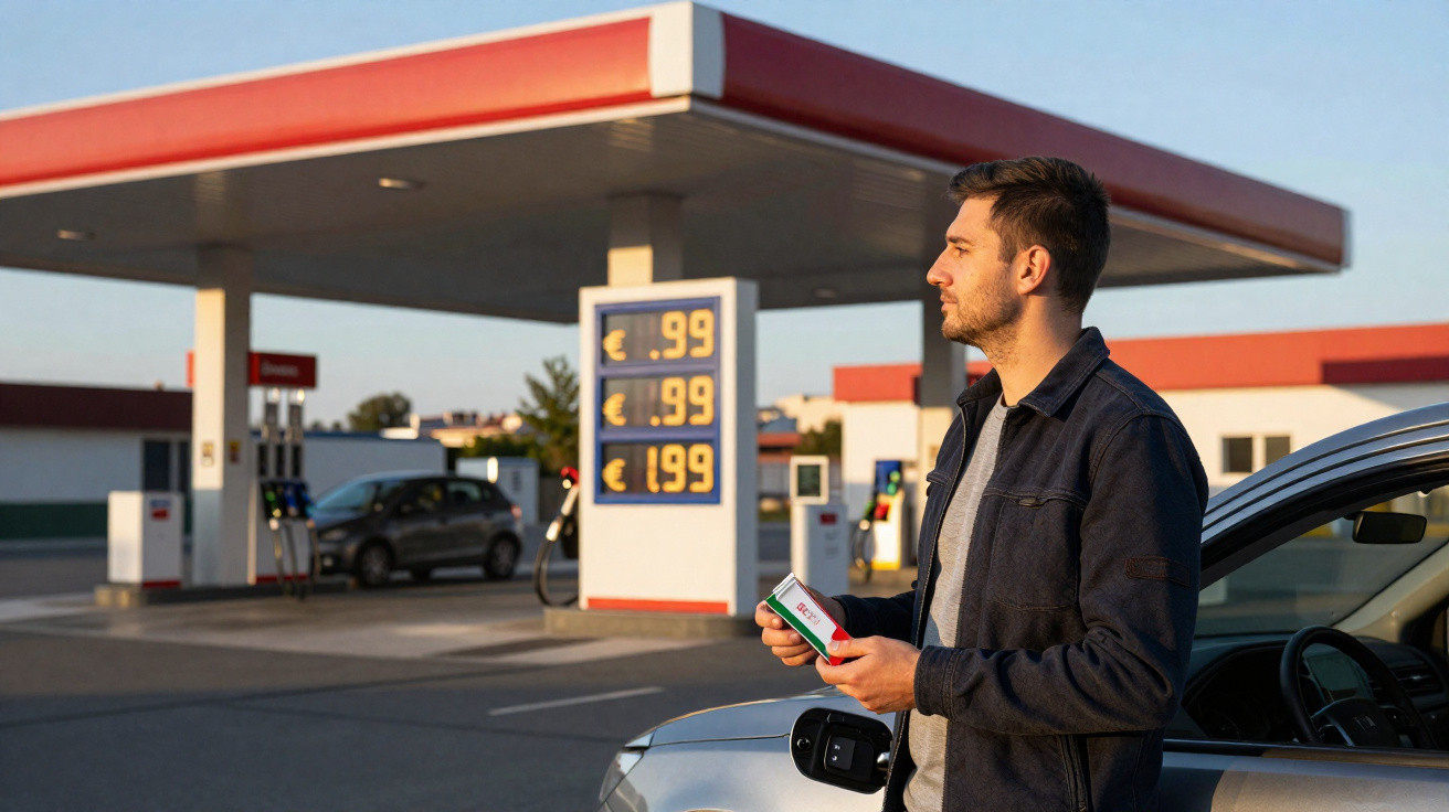 Homem junto a carro numa bomba de gasolina com preços visíveis ao pôr do sol.