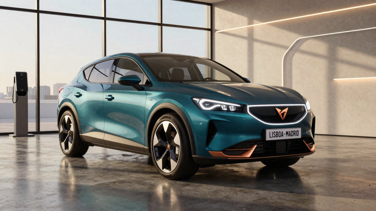 Carro elétrico CUPRA em tom azul esverdeado numa garagem moderna com estação de carregamento.