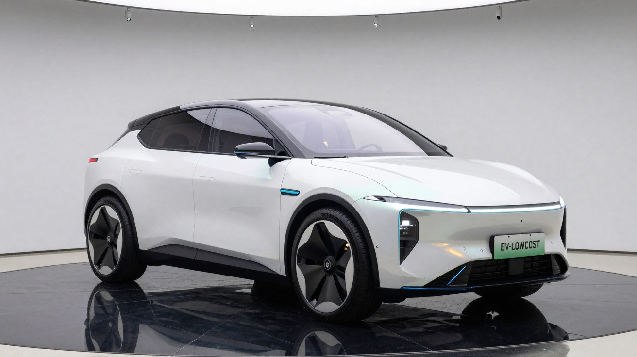 Carro elétrico branco com teto preto e design moderno, visto de frente em estúdio minimalista.