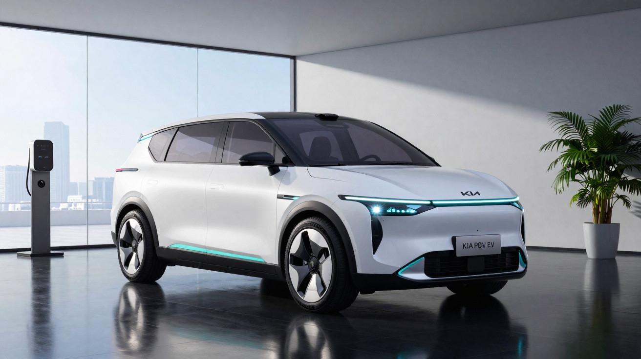 Carro elétrico branco Kia PEV EV estacionado em espaço interior moderno com carregador e planta ao lado.