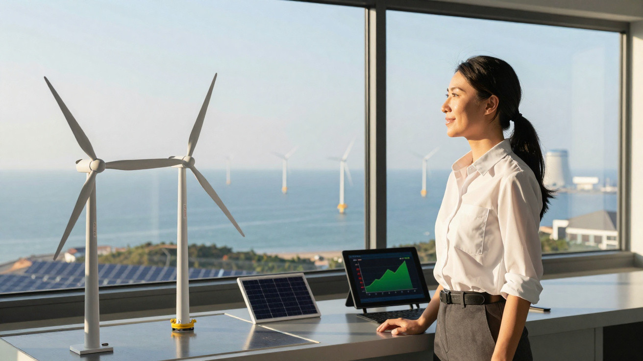 Mulher observa modelo de turbina eólica e painel solar com gráfico de crescimento em ambiente com vista para o mar.