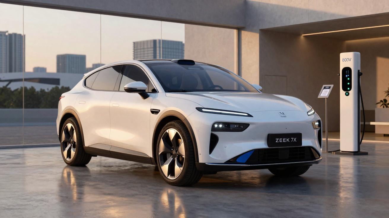 Carro elétrico branco ZEEK 7X estacionado junto a estação de carregamento num ambiente moderno e urbano.