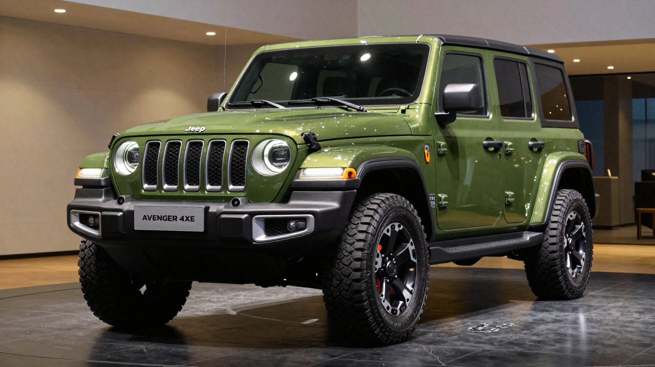 Jeep Avenger 4xe verde em exposição numa sala com luz artificial.