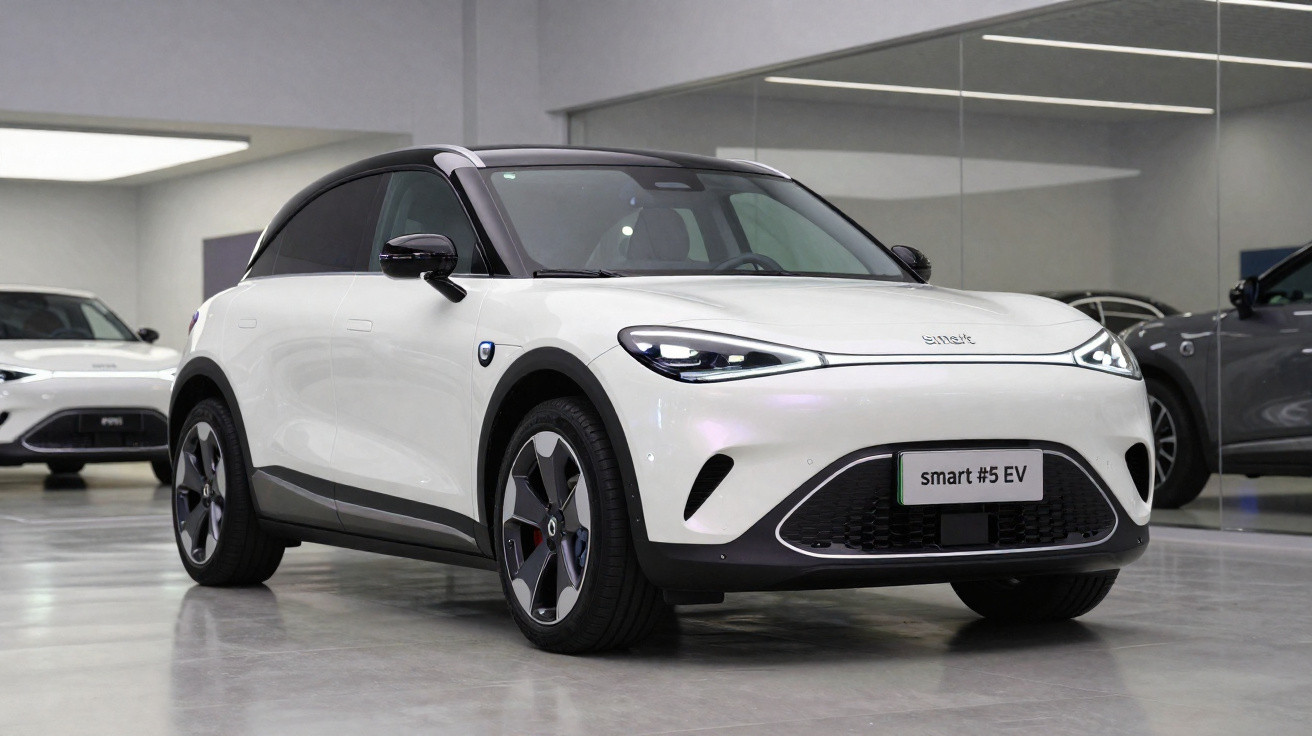 Carro elétrico smart #5 EV branco estacionado em espaço interior moderno com paredes espelhadas.