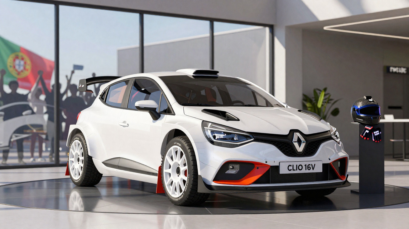 Renault Clio 16V branco em exposição, com capacete de corrida azul e bandeira de Portugal ao fundo.