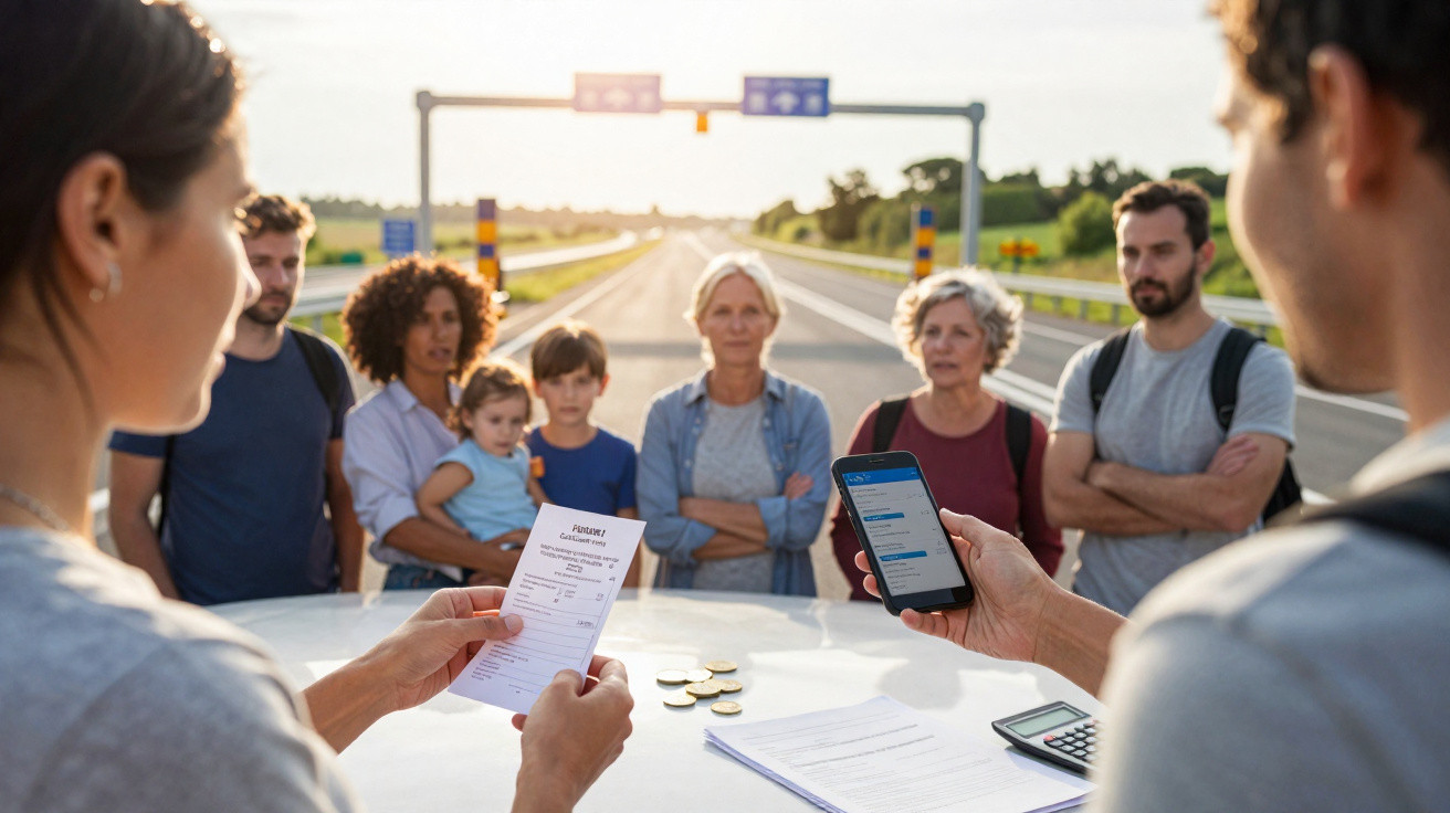 Pessoas a negociar pagamento na berma de uma autoestrada ao entardecer com documentos e telemóvel.