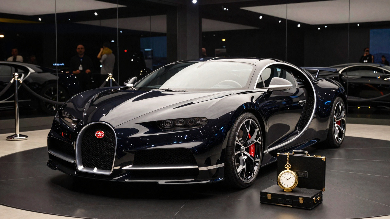 Carro desportivo Bugatti Chiron preto exibido em salão, com relógio de bolso e estojo ao lado.