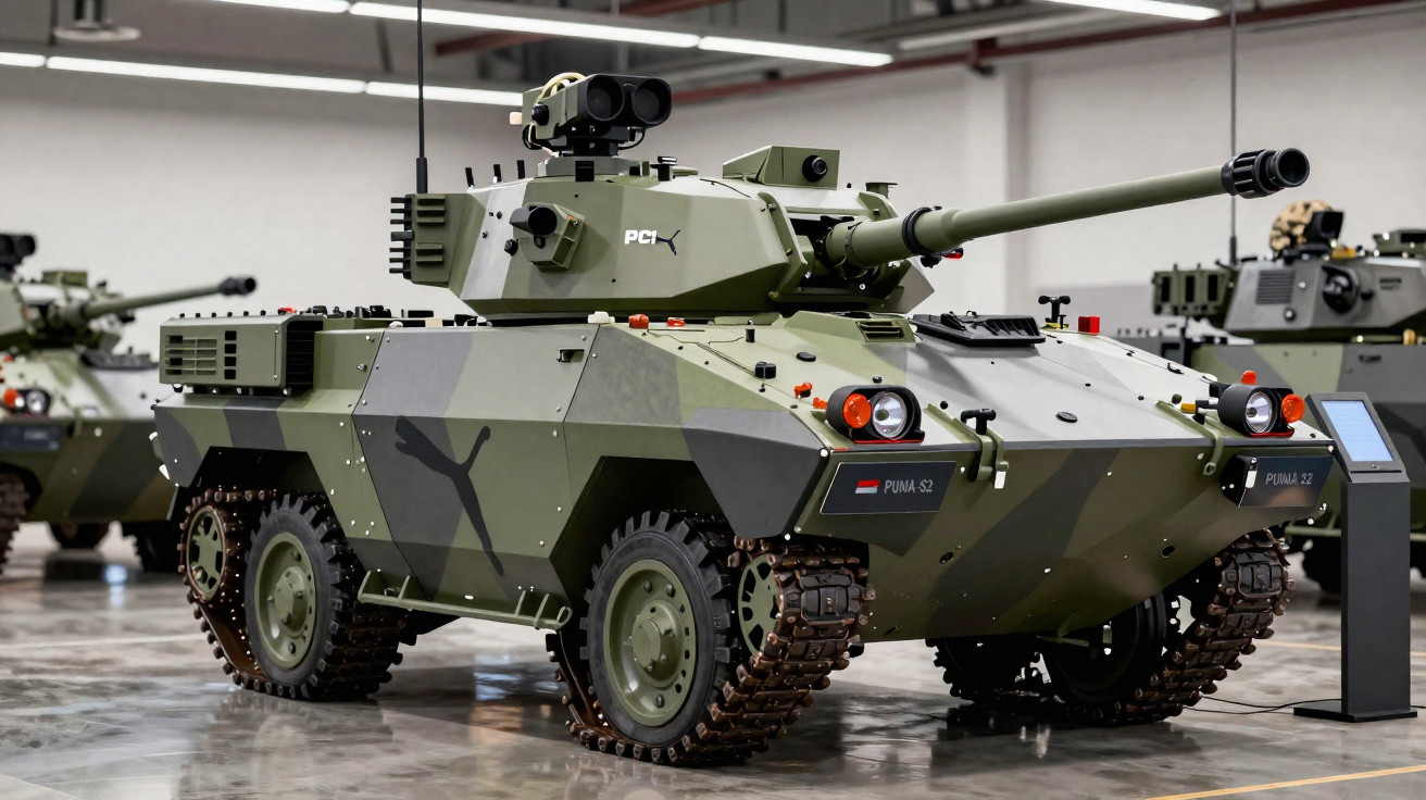 Veículo blindado militar Puma-S2 com camuflagem verde numa garagem interior bem iluminada.