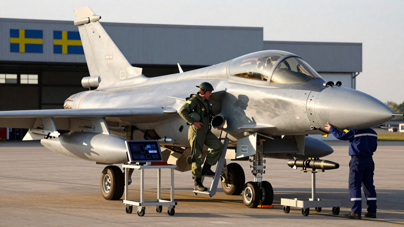 Caça militar cinza com piloto a entrar e técnico a inspecionar na pista de um aeroporto com bandeira da Suécia ao fundo.