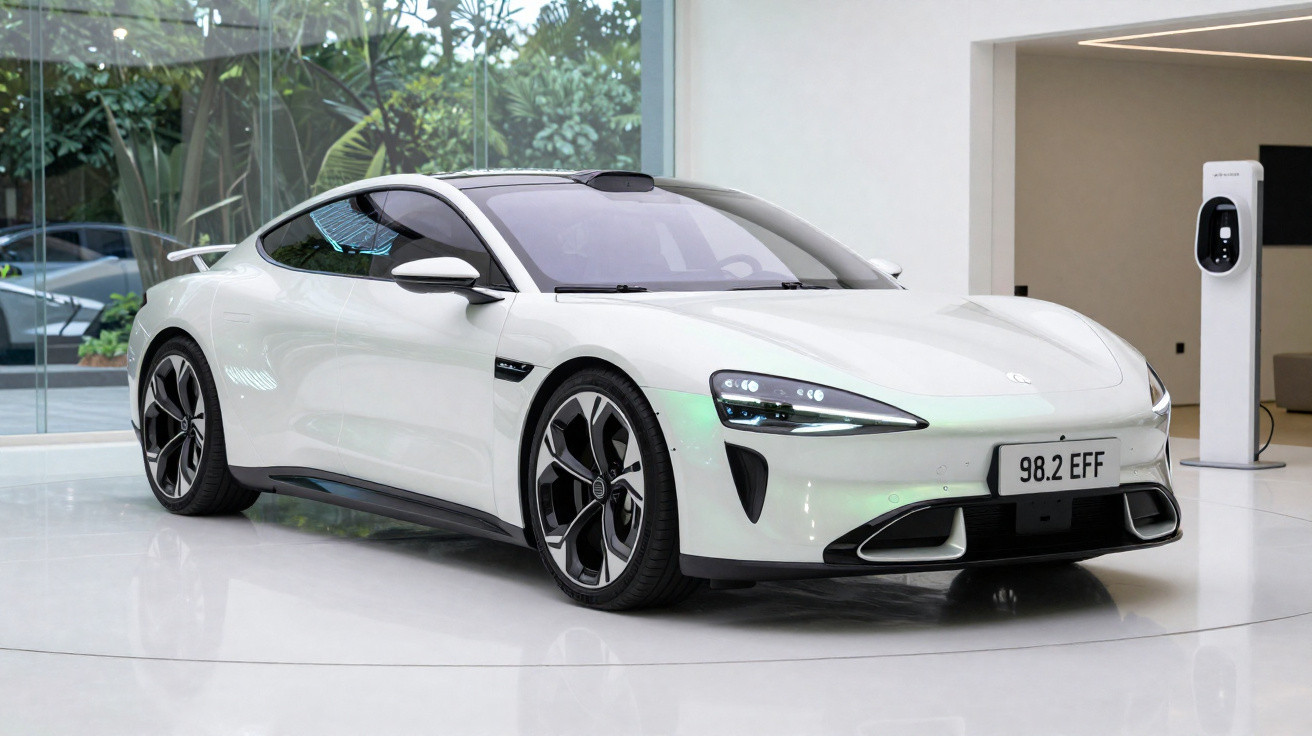 Carro desportivo elétrico branco estacionado em espaço moderno com parede de vidro e estação de carregamento.