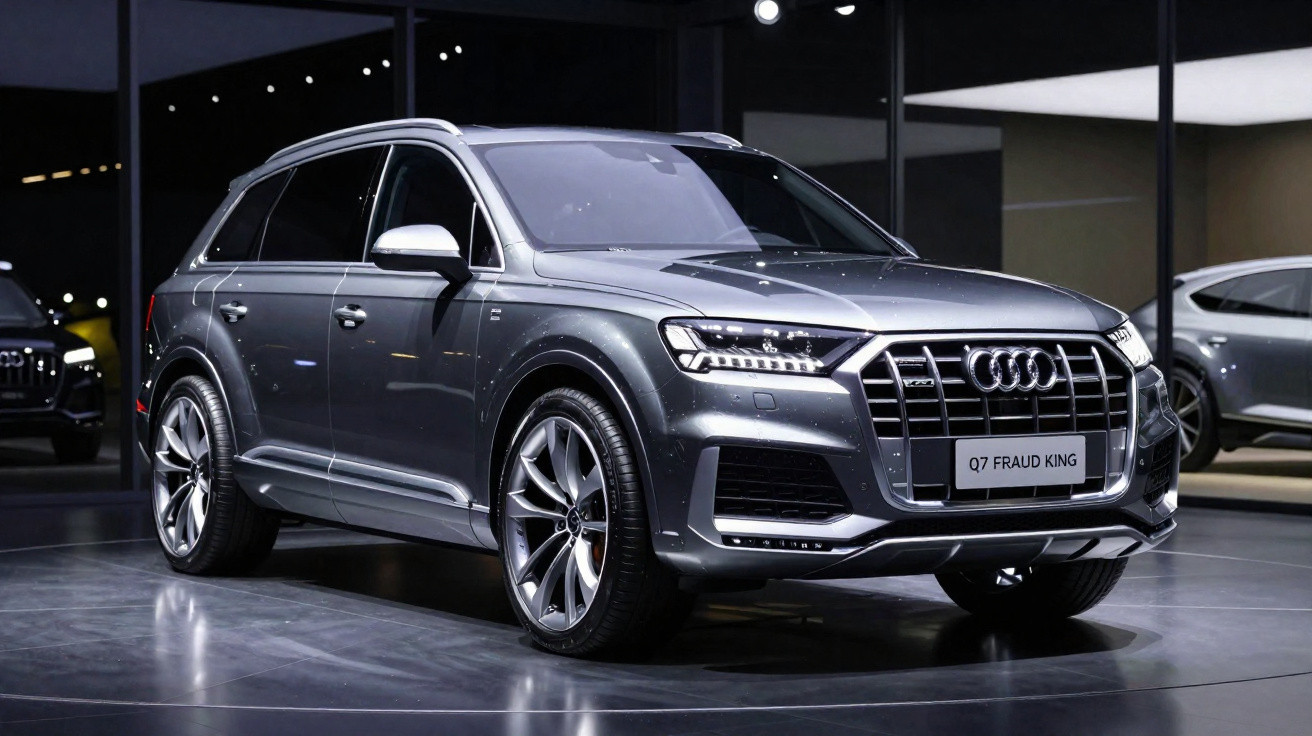 Carro Audi Q7 cinzento estacionado em exposição dentro de um salão automóvel moderno.