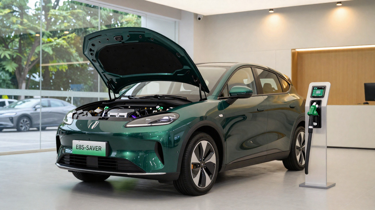Carro elétrico verde com capot aberto junto a estação de carregamento num showroom moderno.