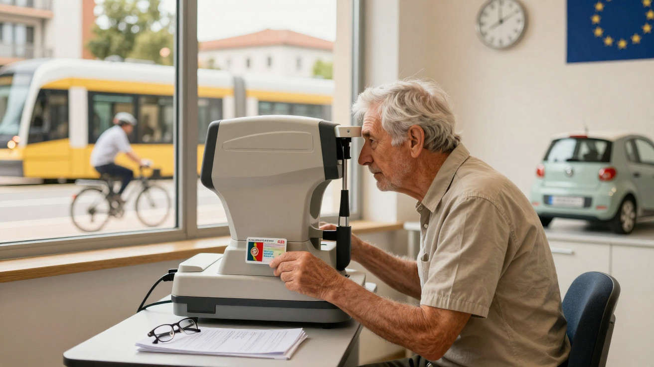 Homem idoso a realizar exame de visão com máquina oftalmológica num consultório com janela.