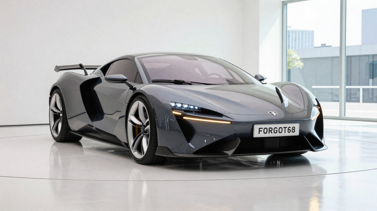 Carro desportivo cinza escuro estacionado em piso branco num espaço interior moderno e iluminado.