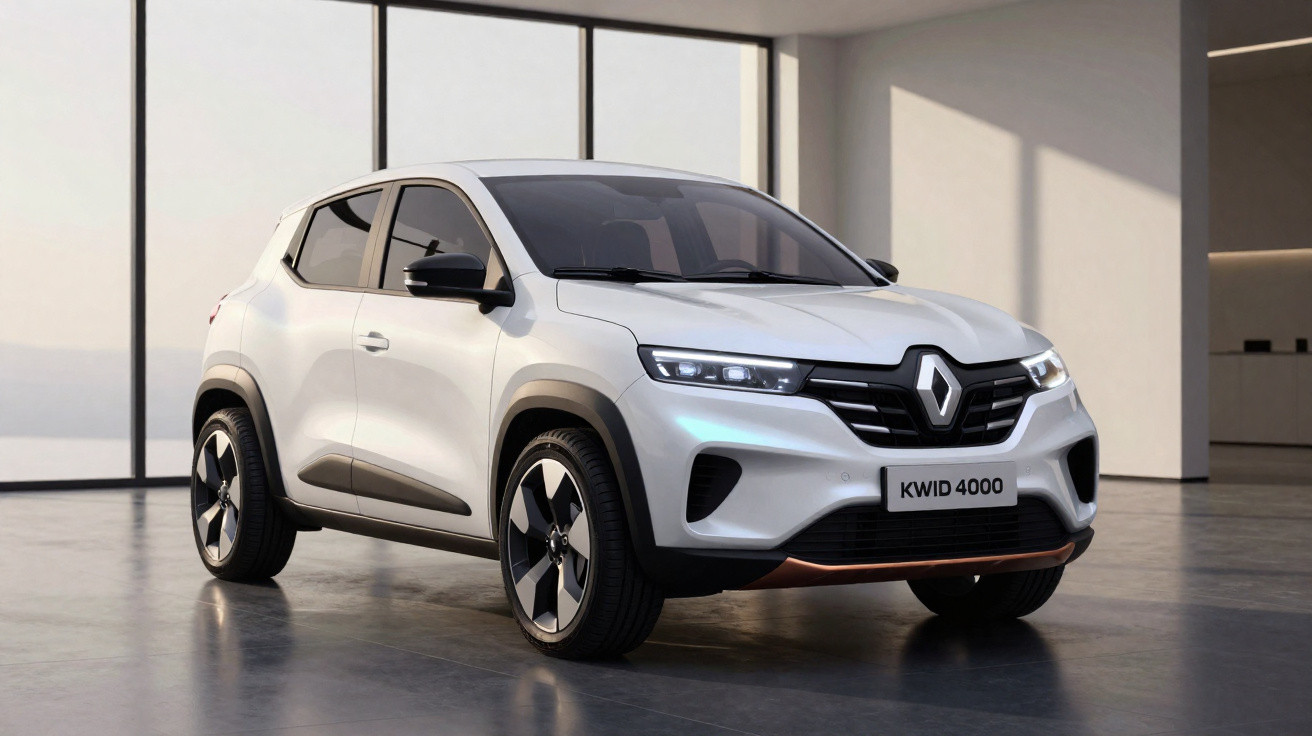 Carro eléctrico Renault KWID 4000 branco estacionado numa garagem moderna com grandes janelas.