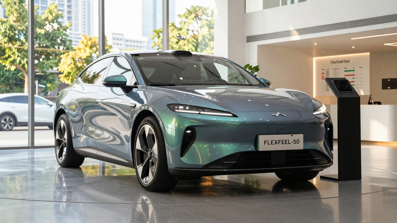 Carro elétrico moderno azul esverdeado, modelo FLEXFEEL-50, exibido numa sala de exposição luminosa.