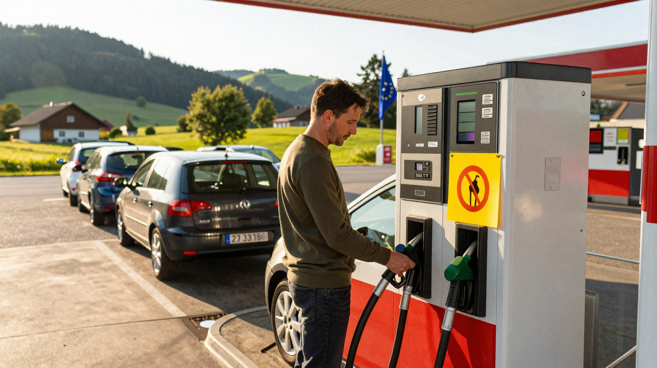 Homem a abastecer carro numa bomba de gasolina numa estação de serviço em área rural.