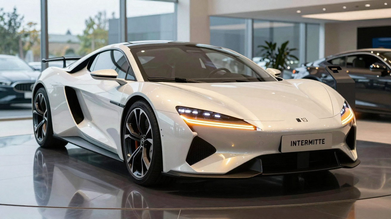 Carro desportivo branco com faróis LED ligados, exibido num salão automóvel moderno.