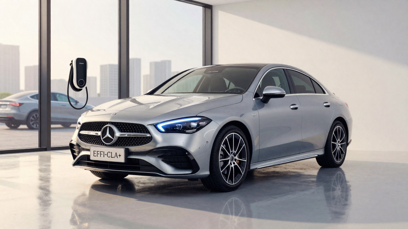 Carro elétrico Mercedes-Benz prata estacionado numa garagem moderna, ligado a uma estação de carregamento.