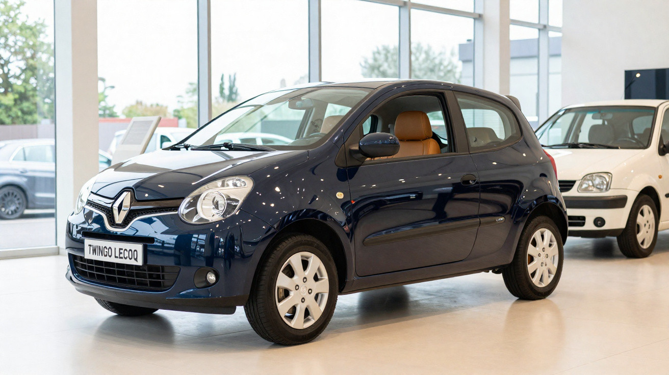 Carro Renault Twingo azul escuro com interior castanho exposto numa sala de exposição moderna.