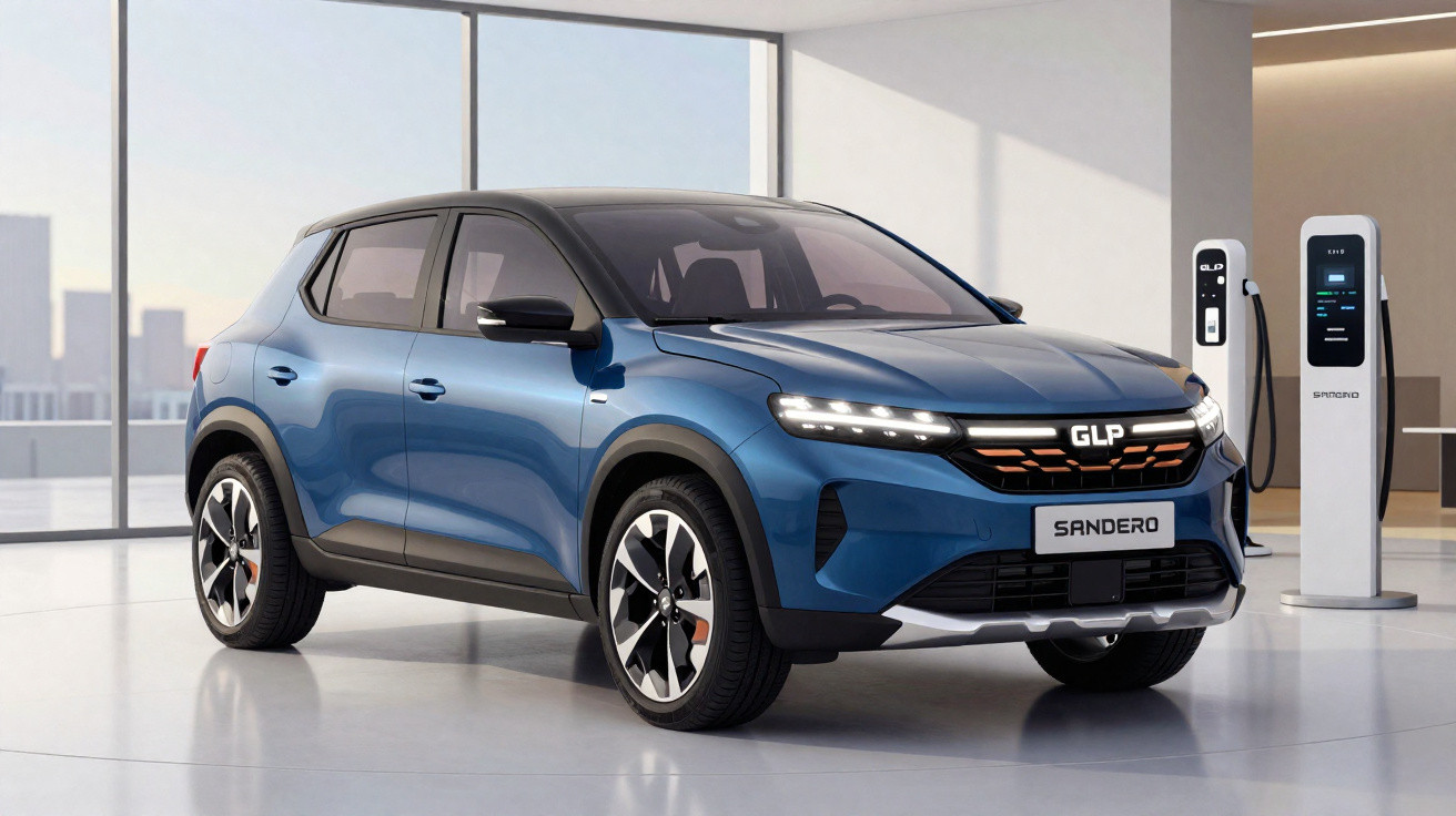 Carro elétrico azul Sandero estacionado em espaço interior moderno com estação de carregamento.