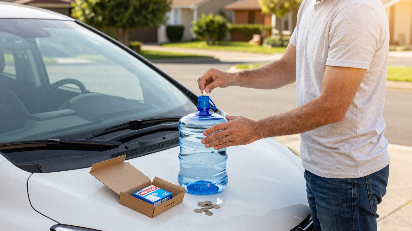 Pessoa a preparar garrafa de água com moedas e caixa de produtos numa viatura estacionada numa rua residencial.
