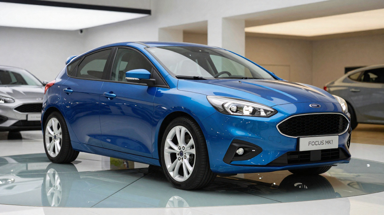 Carro Ford Focus MK1 azul exposto em showroom moderno, com design compacto e faróis acesos.