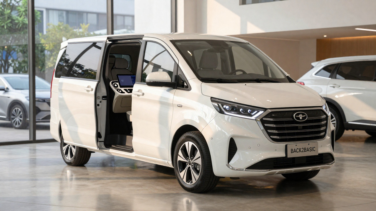 Carro branco com porta lateral aberta em exposição dentro de um salão com chão polido.