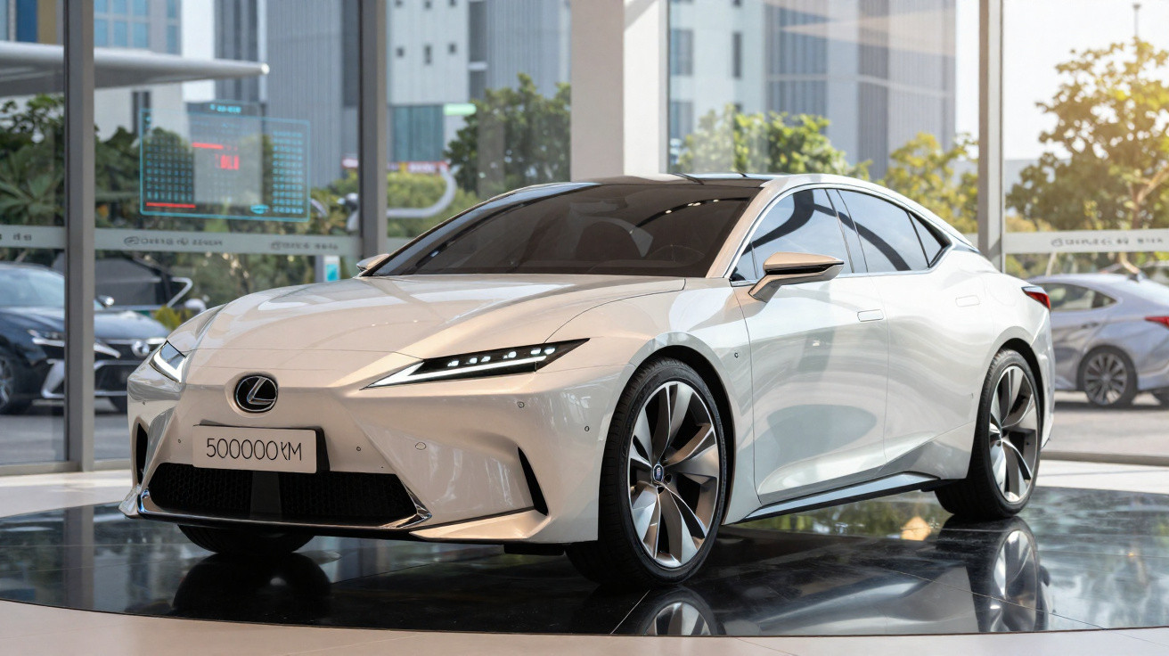 Carro desportivo branco Lexus estacionado em sala de exposição moderna com paredes de vidro.